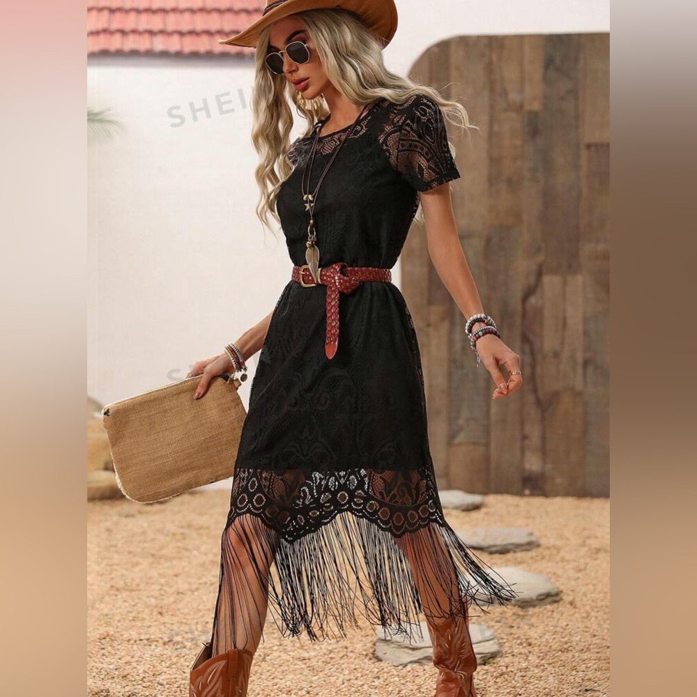 Lace Long Fringe Black Dress Western Women Attire/Country Dress